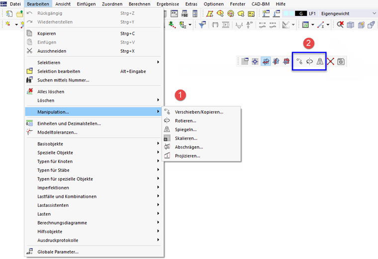 Modellierungstools im Menü 'Bearbeiten' und Schaltflächen in Symbolleiste