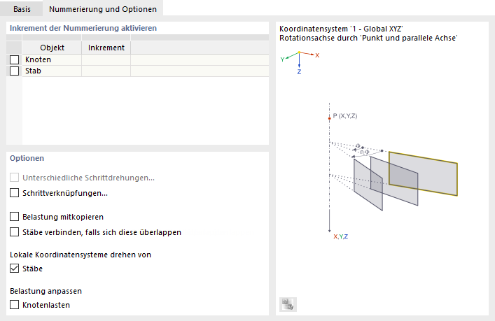 Drehung für Koordinatensysteme und Belastung festlegen