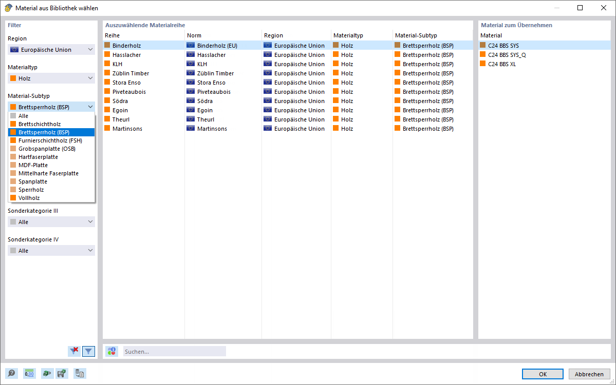 Brettsperrholz-Material in Bibliothek auswählen