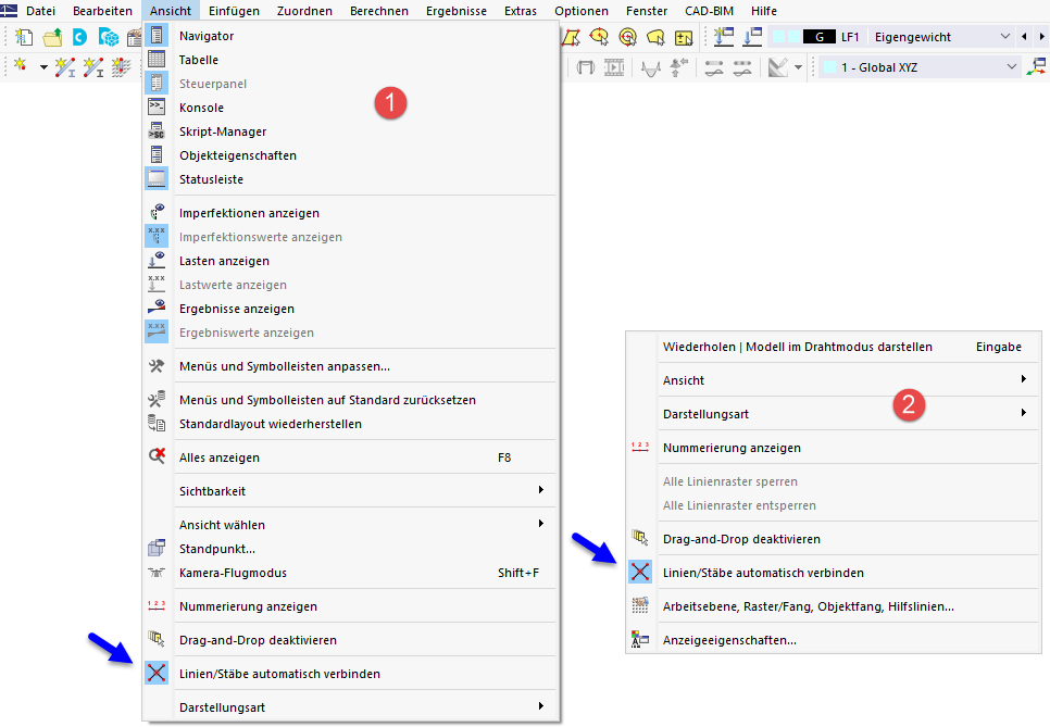 Funktion 'Stäbe automatisch verbinden' in Menü (1) und allgemeinem Kontextmenü (2)