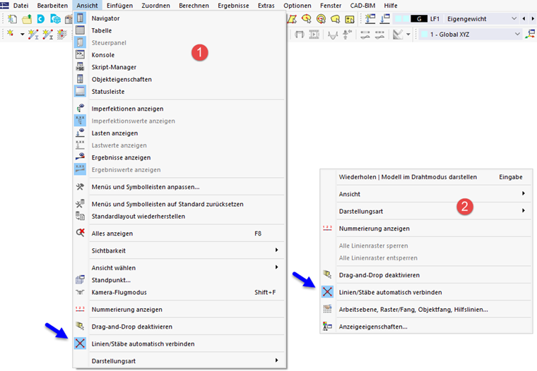 Funktion 'Stäbe automatisch verbinden' in Menü (1) und allgemeinem Kontextmenü (2)