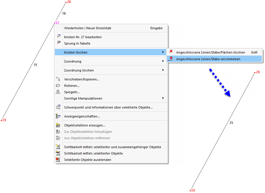 Knoten-Kontextmenü zum Verschmelzen von Linien mit Ergebnis