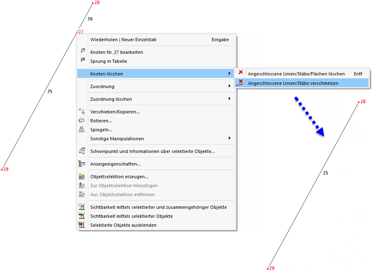 Knoten-Kontextmenü zum Verschmelzen von Linien mit Ergebnis