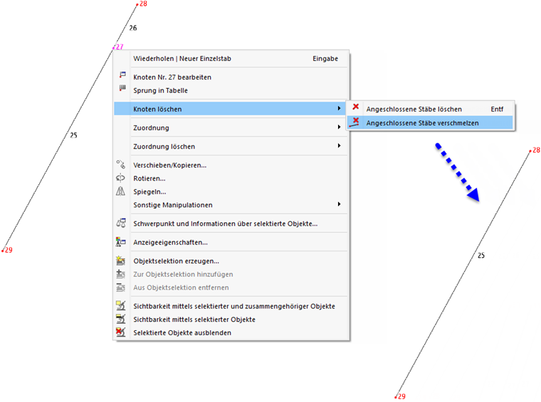 Knoten-Kontextmenü zum Verschmelzen von Stäben mit Ergebnis