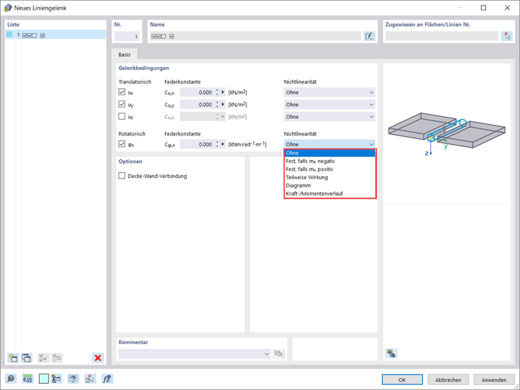 Verfügbare Optionen in der Liste der Nichtlinearitäten
