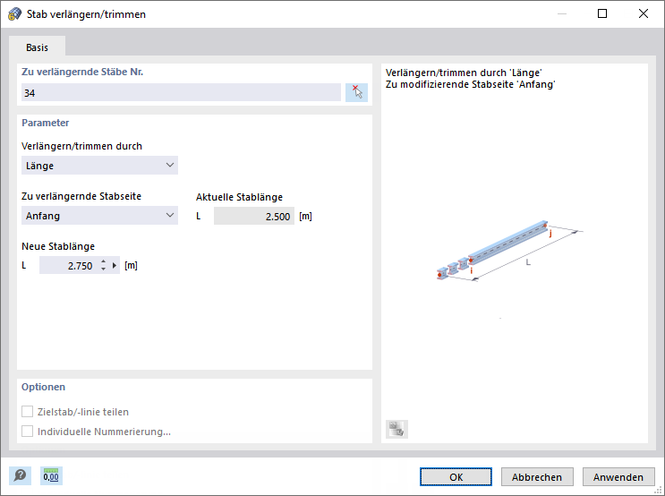 Dialog 'Stab verlängern/trimmen'