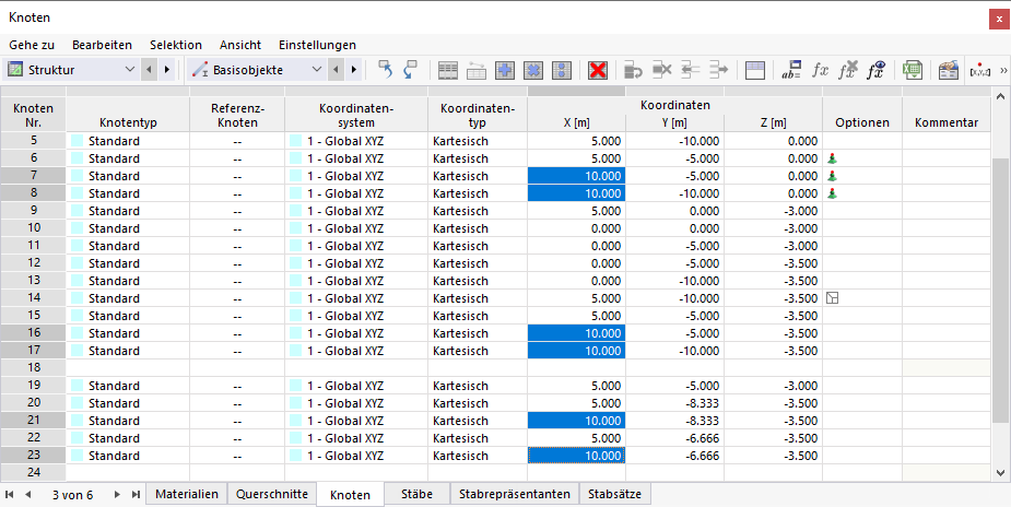 Tabelle 'Knoten' mit selektierten Zellen