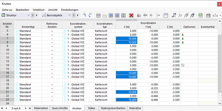 Tabelle 'Knoten' mit selektierten Zellen