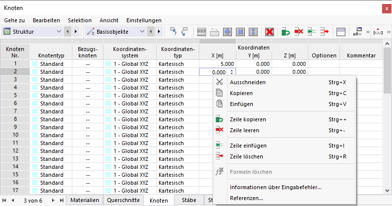 Funktionen im Tabellen-Kontextmenü