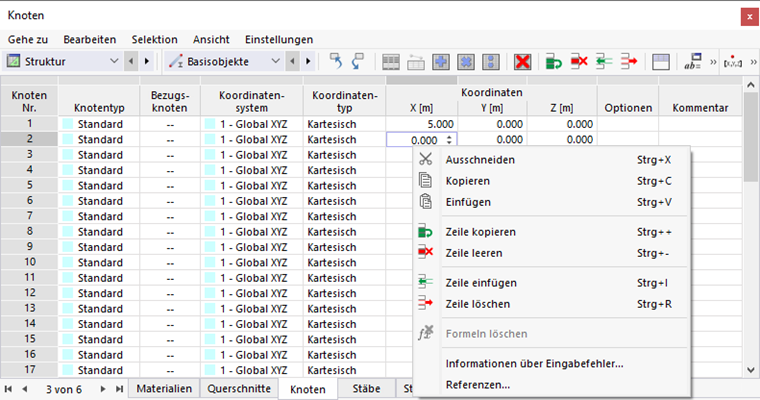 Funktionen im Tabellen-Kontextmenü