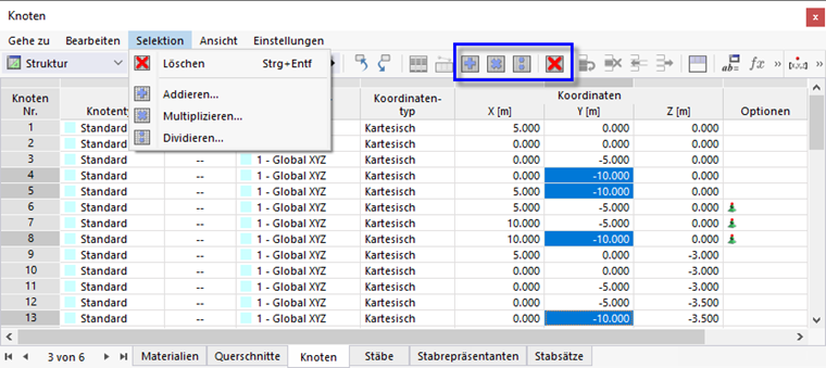 Markierte Zellen und Bearbeitungsfunktionen über Menü und Schaltflächen