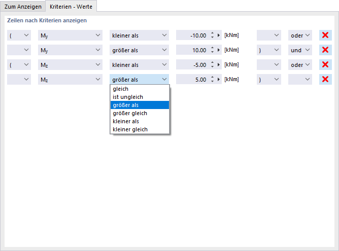 Filterkriterien für Ergebniswerte definieren