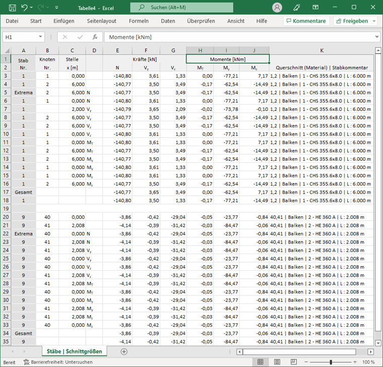 Excel-Tabelle mit Stabschnittgrößen