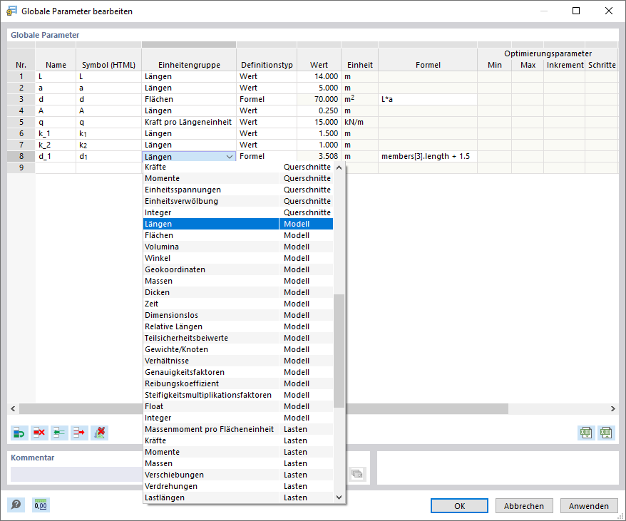 Dialog 'Globale Parameter bearbeiten'