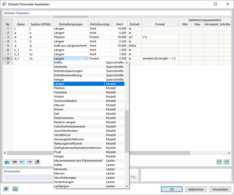 Dialog 'Globale Parameter bearbeiten'