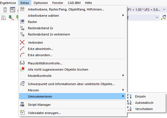 Menüfunktionen 'Umnummerieren'