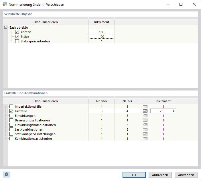 Objekt- und Lastfallnummern verschieben