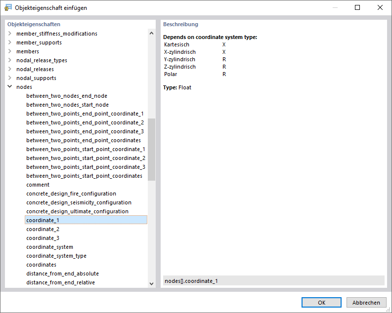 Dialog 'Objekteigenschaft einfügen'
