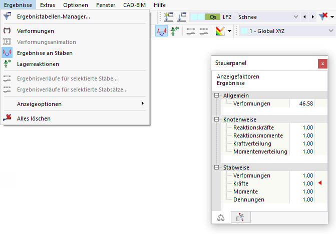 Menü 'Ergebnisse' und Steuerpanel