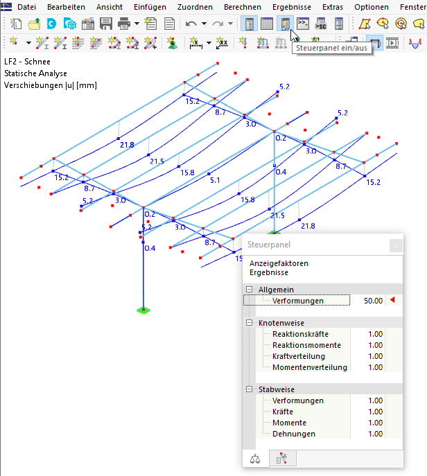 Steuerpanel im Arbeitsfenster und Schaltfläche 'Steuerpanel ein/aus'