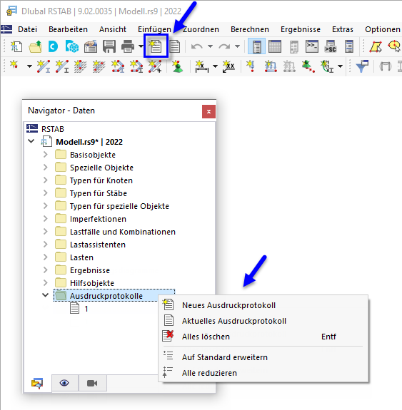 Schaltfläche 'Neues Ausdruckprotokoll' und Kontextmenü