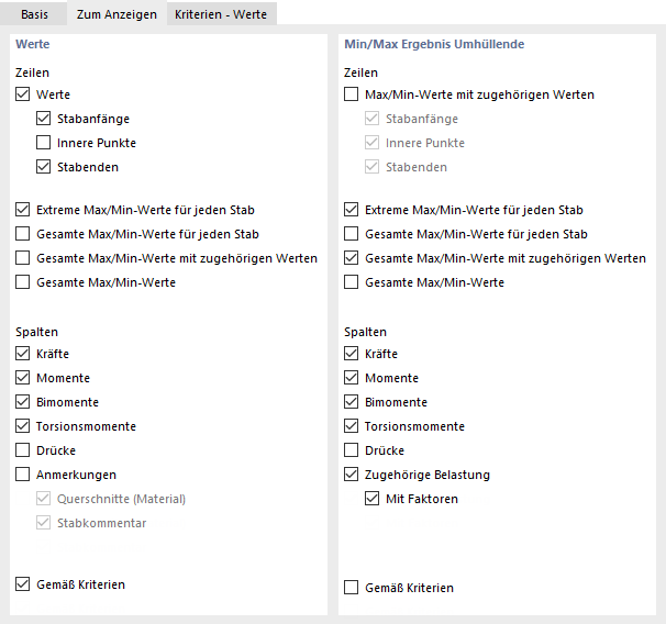Ergebniszeilen und -spalten für Dokumentation festlegen