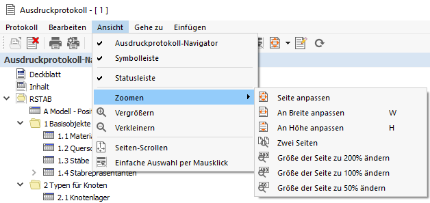 Ausdruckprotokoll-Menü 'Ansicht'