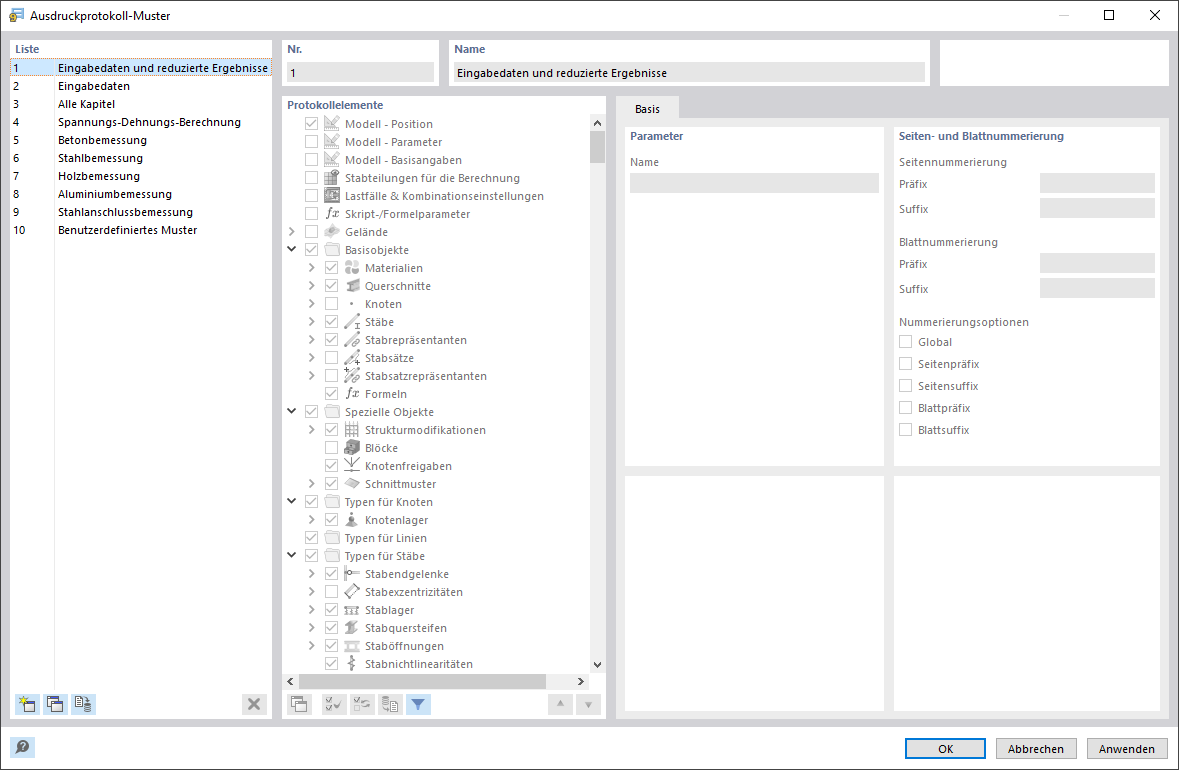 Dialog 'Ausdruckprotokoll-Muster'