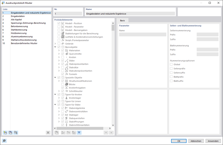 Dialog 'Ausdruckprotokoll-Muster'
