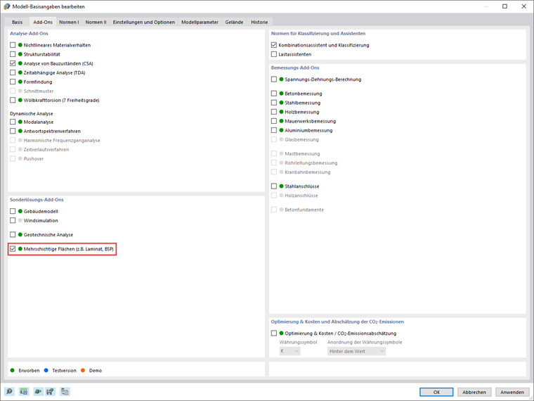 Add-On "Mehrschichtige Flächen" in den Basisangaben