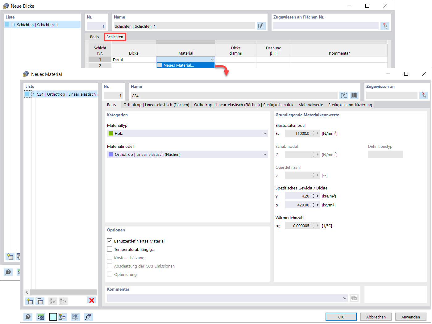 Definition eines neuen Materials für die erste Schicht