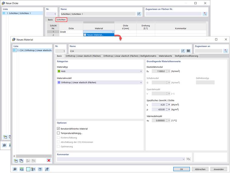 Definition eines neuen Materials für die erste Schicht