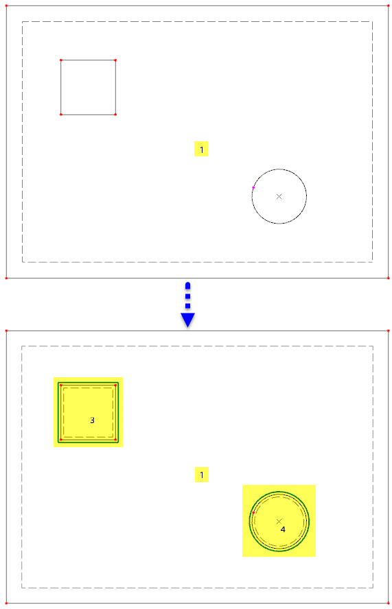 Originalfläche (oben) und Ergebnis der Teilung (unten)