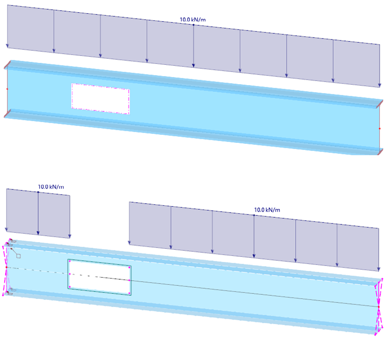 Stabmodell (oben) und Flächenmodell (unten) mit Last in Schwerelinie des Stabes