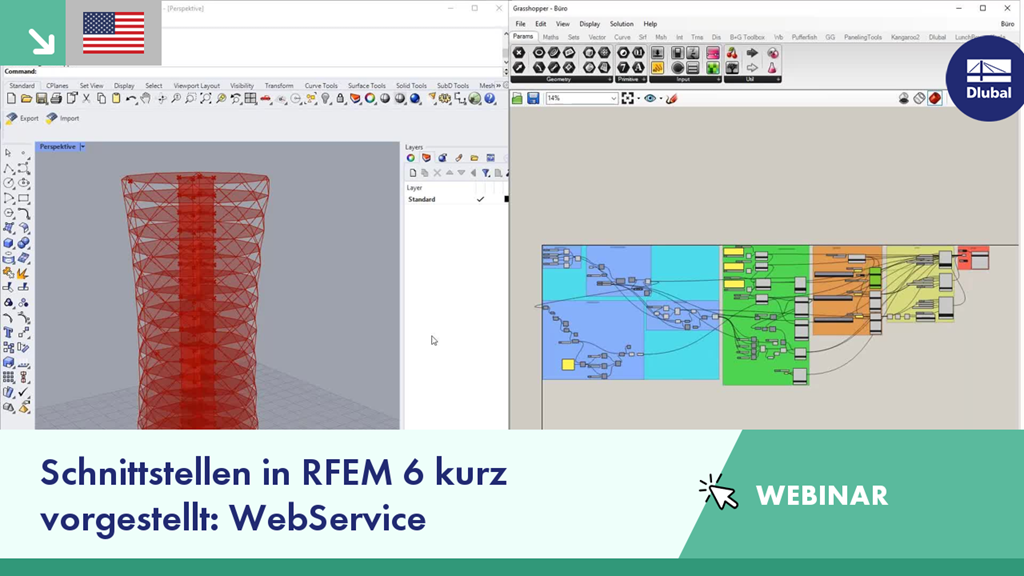 Interface presentation highlighting Webservice with Rhino and Grasshopper integration in an expert webinar session with visual aids.