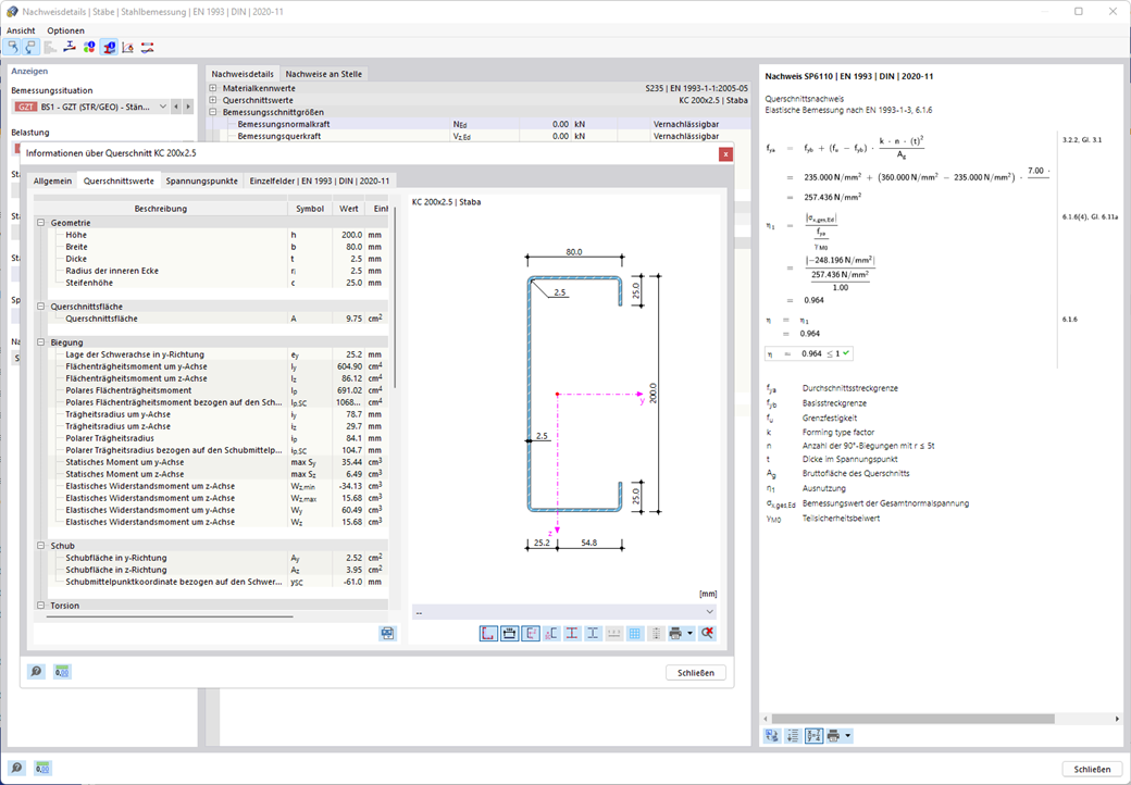 Feature 002552 | Querschnittsnachweise für kaltgeformte Stahlstäbe nach EN 1993-1-3 mit Betrachtung von Forminstabilität.