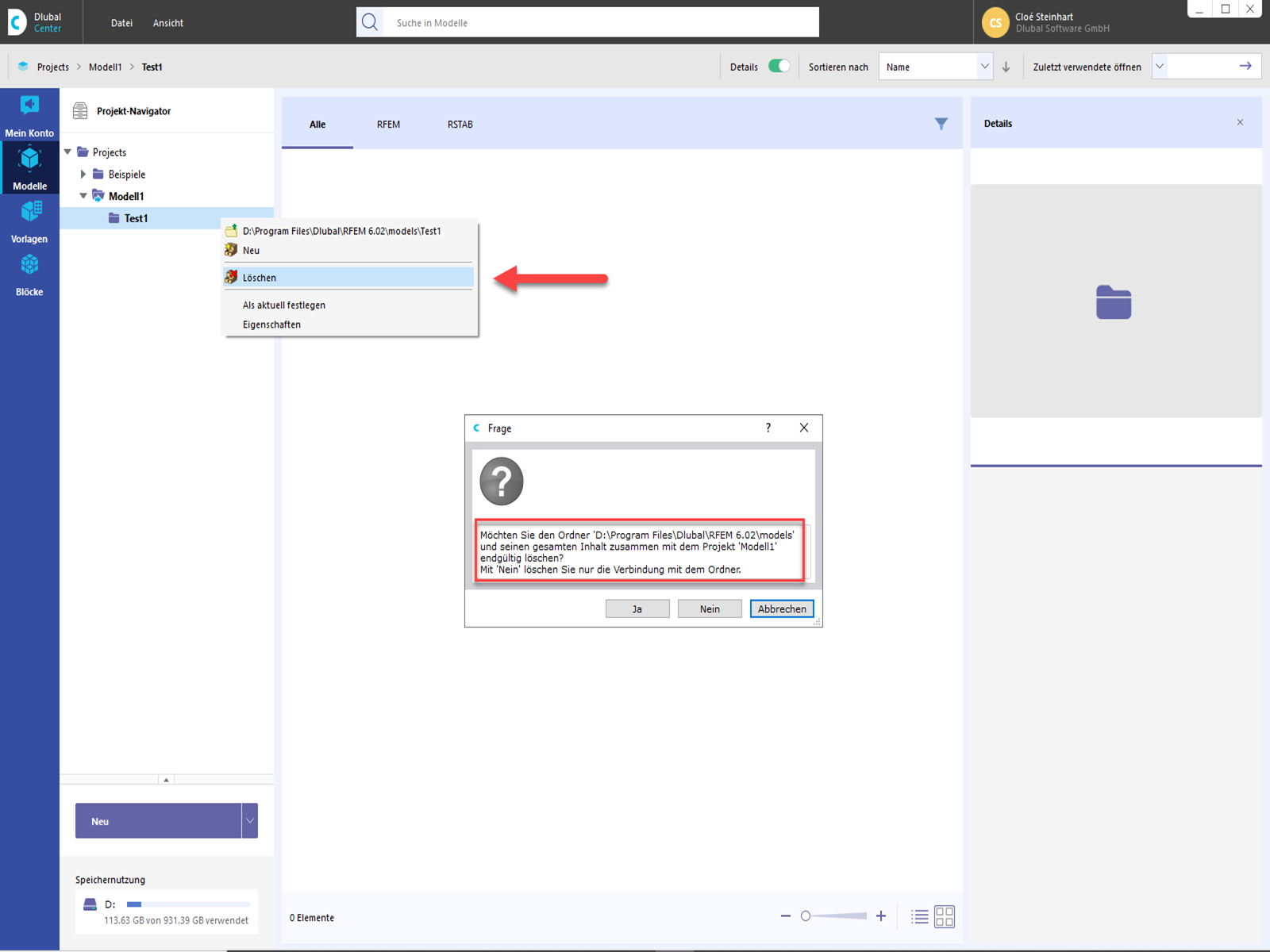 FAQ 005300 | Wie löscht man im Dlubal Center nur die Verbindung zu einem Projektordner?