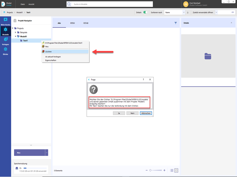 FAQ 005300 | Wie löscht man im Dlubal Center nur die Verbindung zu einem Projektordner?