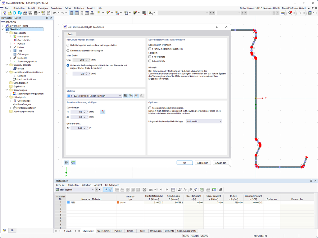 Feature 002553 | RSECTION-Querschnitt aus DXF-Datei erzeugen