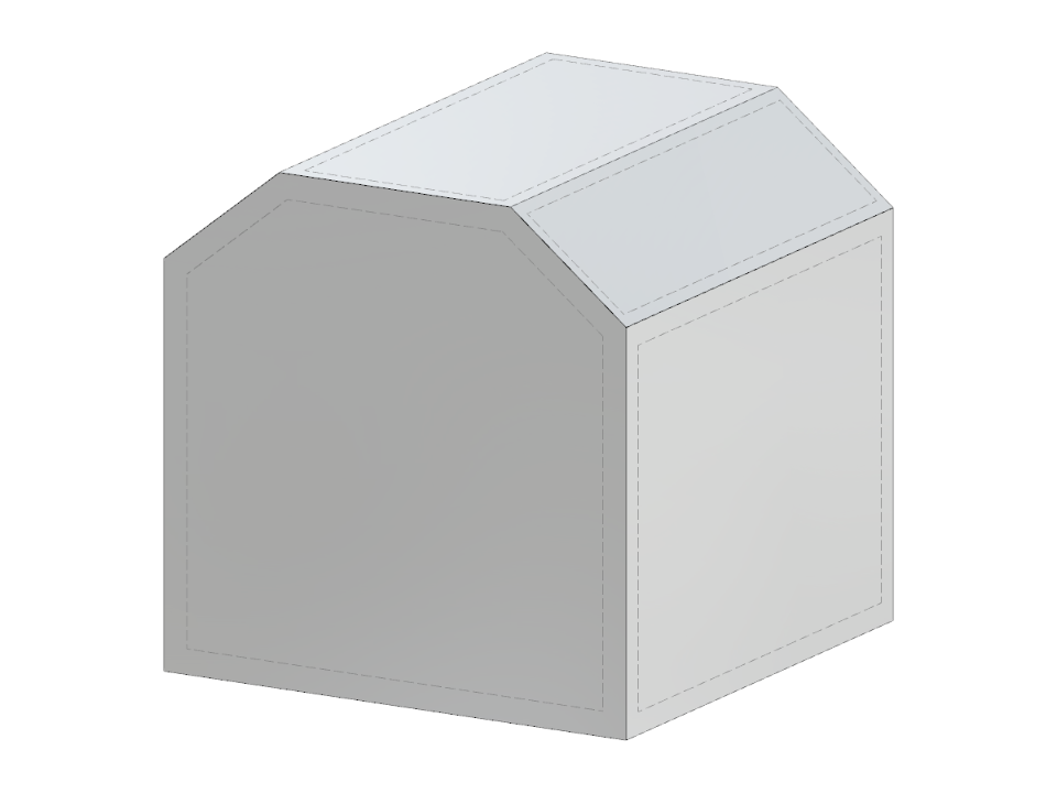 3D-Modell eines hexagonalen Prismas mit unregelmäßiger Form und Krüppelwalmdach-Design.