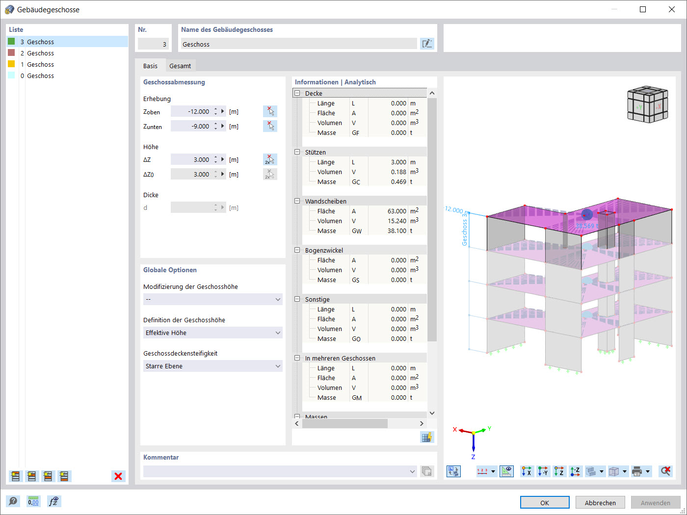 Gebäudegeschosse: Geschossabmessung, Globale Optionen und Informationen