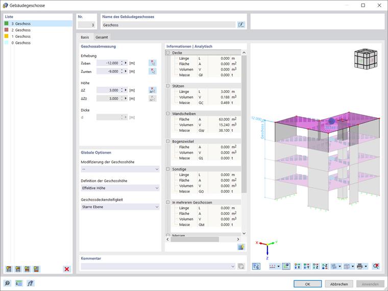 Gebäudegeschosse: Geschossabmessung, Globale Optionen und Informationen