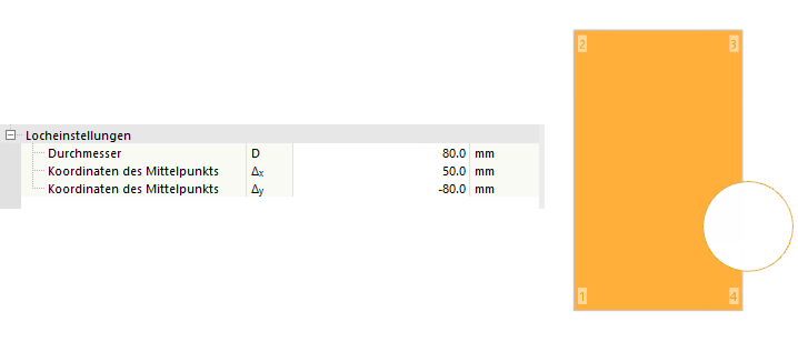 Detaillierte Einstellungen für Loch und Platte mit Loch