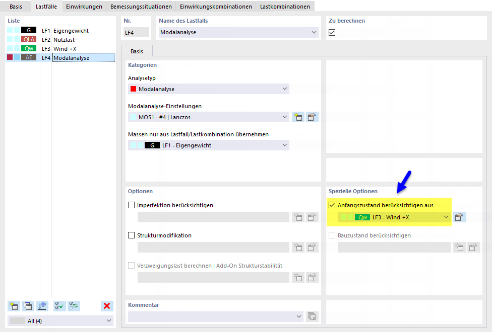 Anfangszustand für Modalanalyse-Lastfall berücksichtigen
