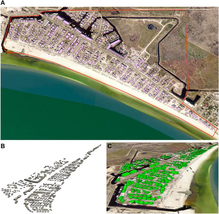 BILD 10. Gebäudegrundfläche für das Untersuchungsgebiet in Mexico Beach, FL, zusammen mit dem neuen BIM- und GIS-Modell (A) Grundfläche für die Gebäude im Untersuchungsgebiet; (B) BIM-Modell für die Gemeinde; (C) BIM-Modell der in einer 3D-GIS-Umgebung georeferenzierten Gemeinde.