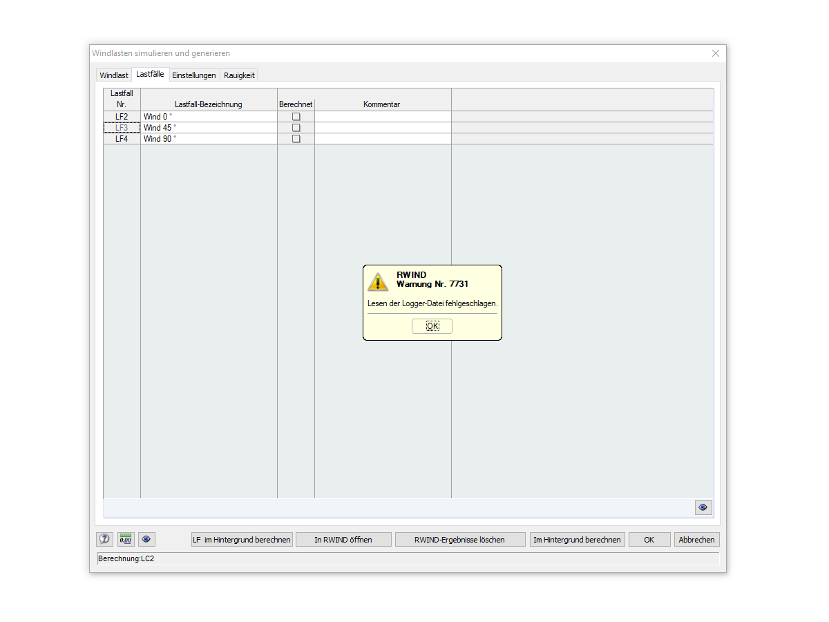 FAQ 005338 | Beim Export meines Modells von RFEM nach RWIND erhalte ich die Meldung "Warnung Nr. 7731 | Lesen der Logger-Datei fehlgeschlagen". Was kann ich tun, u