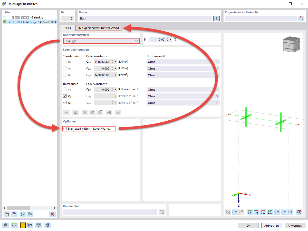 FAQ 005339 | Ich würde gerne in einem Linienlager die Steifigkeit mittels fiktiver Wand ermitteln und berücksichtigen. Warum ist diese Option bei mir ausgegraut?