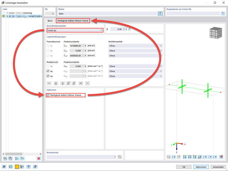 FAQ 005339 | Ich würde gerne in einem Linienlager die Steifigkeit mittels fiktiver Wand ermitteln und berücksichtigen. Warum ist diese Option bei mir ausgegraut?