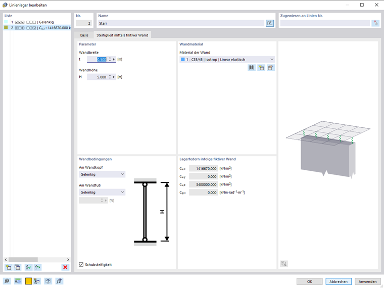 FAQ 005339 | Ich würde gerne in einem Linienlager die Steifigkeit mittels fiktiver Wand ermitteln und berücksichtigen. Warum ist diese Option bei mir ausgegraut?