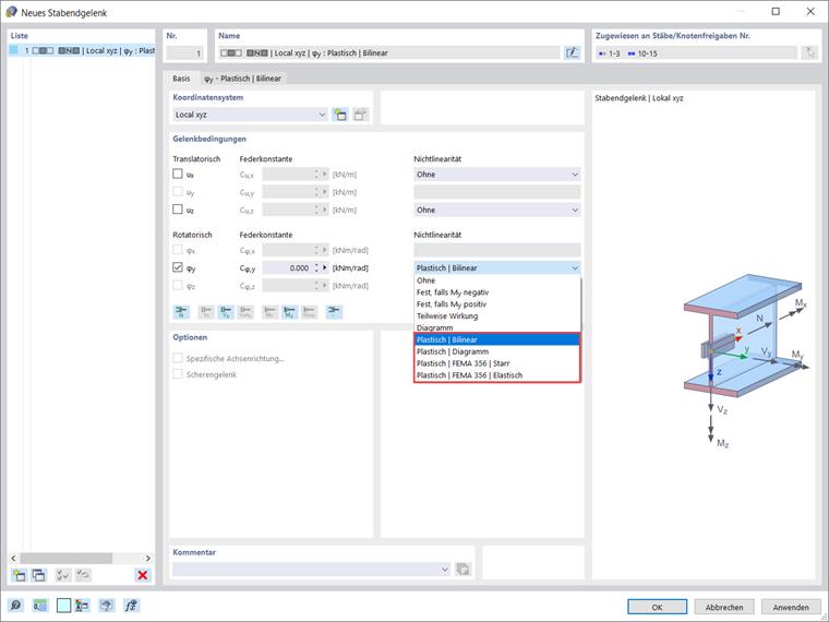 Nichtlinearität des Gelenkes auswählen